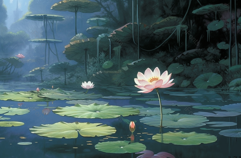 二十四节气夏季夏天立夏小暑夜间晚上雾气开花池塘荷塘水塘荷花荷叶绿色背景插画,插画/手绘图,插画/手绘图库,插画/手绘图下载,插画/手绘